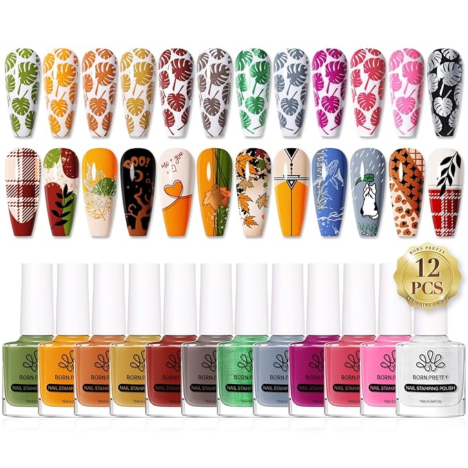 BORN PRETTY Stamping Nail Polish 12Colors Fall Winter Stamping Polish Set for Stamp Nails