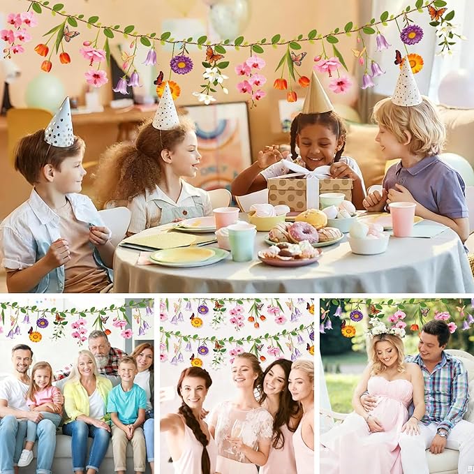 2PCS Flower Banner Reusable Wildflower Garland Floral for Spring Party Enchanted Garden Theme Picnic Wedding Baby Shower Birthday Tea Party Christmas Valentine's Day Supplies Home Decorations