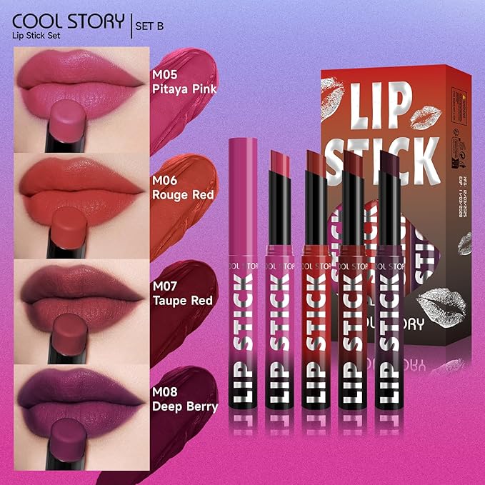 COOL STORY Matte Lipstick Lightweight Blurring Formula with High Impact Pigment, Long-lasting, 0.07 oz (4 color SET-B)
