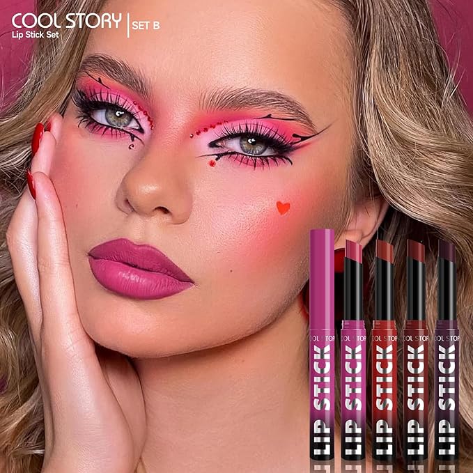 COOL STORY Matte Lipstick Lightweight Blurring Formula with High Impact Pigment, Long-lasting, 0.07 oz (4 color SET-B)