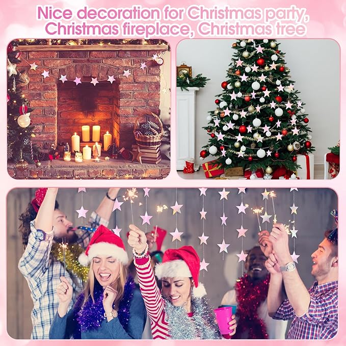 Patelai Glitter Star Garland Banner New Years Decor 130 Feet Star Hanging Banner Twinkle Backdrop for Birthday Classroom Wedding Halloween Christmas Party Supplies(Iridescent Pink)