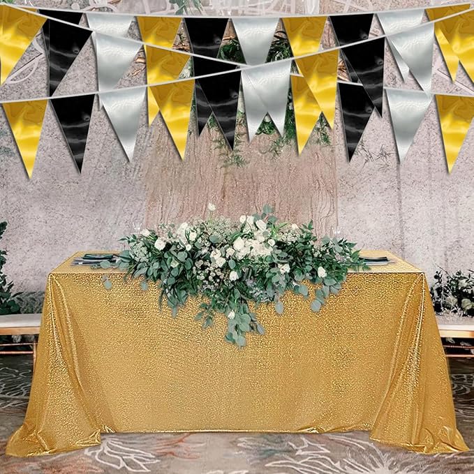 20M/65FT Black Gold Silver Triangle Pennant Banner Flag Metallic Fabric Bunting Garland for Christmas Wall Hanging,Graduation Decorations, New Years Decorations,Father' Da