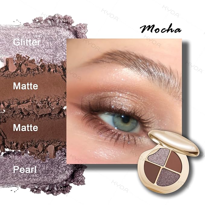 KYDA 4 Colors Eyeshadow Palette, Neutral Brown Matte Eyeshadow, Pearl Metallic Glitter Makeup Palette, High Pigment Pressed Powder Eyes Makeup for Old Women, Lasting Blendable, Mocha
