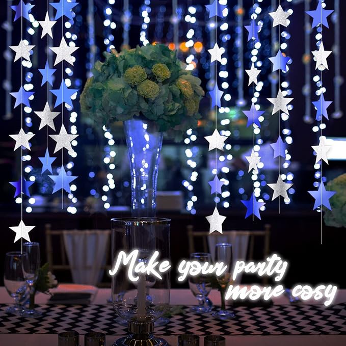 Patelai Glitter Star Garland Banner New Years Decor 130 Feet Star Hanging Banner Twinkle Backdrop for Birthday Classroom Wedding Halloween Christmas Party Supplies(Ocean Blue, Glitter Silver)