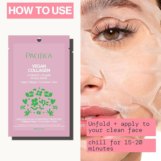 Pacifica Sheet Face Mask - Vegan Collagen Hydrate & Plump with Cucumber & Aloe – Moisturizing Mask for Dry & Aging Skin - Clean Beauty Vegan & Cruelty-Free Dermatologist Tested