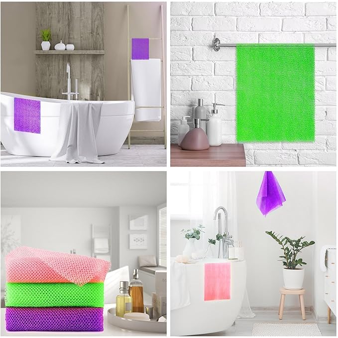 UJFQBH 3 Pieces African Bath Sponge African Net Long Net Bath Sponge Exfoliating Shower Body Scrubber Back Scrubber Skin Smoother,Great for Daily Use (Purple， Pink，Green)