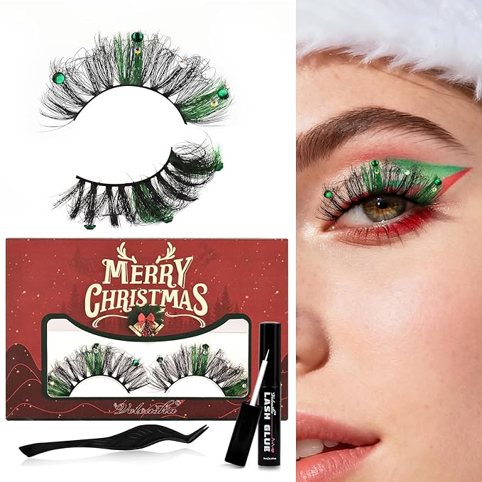 Veleasha Lashes Kit Christmas Eyelashes Green Fluffy Volume False Eyelashes for New Year With Waterproof Black Lash Glue and Tweezers 100% Handmade Santa Lashes (Jingle Bells)