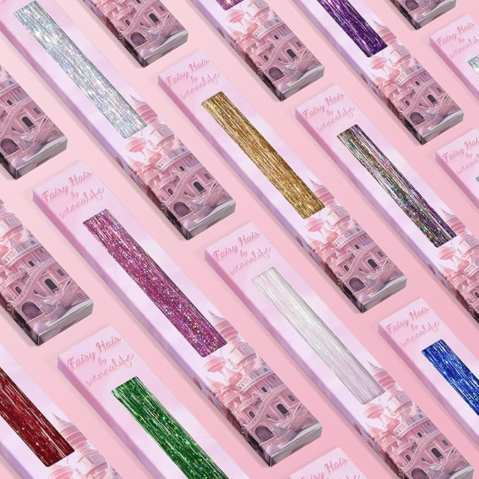 WENNALIFE Hair Tinsel kit for Girls, Clip in Red, 12PCS 24 Inch Hair Accessories for Women Clip in Colorful Glitter Tinsel Hair Fairy Girls Hair Accessories for Kids