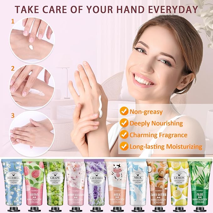 VESPRO 12 Pack Hand Cream Set For Women, Bulk Hand Lotion Travel Size for Dry Cracked Hands, Mini Moisturizing Hand Lotion for Teacher Appreciation Gifts, Thank You Gifts and Bridal Shower Favors