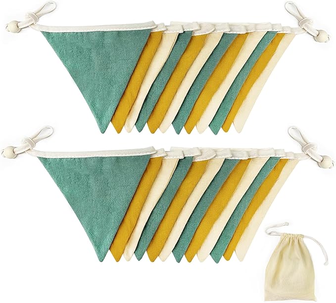 2 Sets of Yellow Green Nursery Garland Fabric Baby Banner 24Pcs Linen Triangle Pennant Flags Streamers for Baby Playroom Decor Kids Jungle Safari Golf Birthday Baby Shower Party Decorations