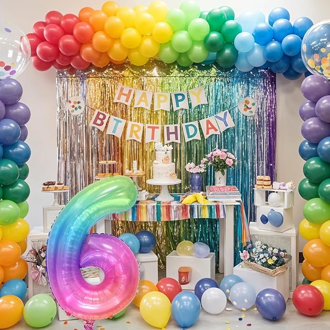 40 Inch 6 Balloon Number, Large Rainbow Foil Number 6 Balloons Birthday Party Decor, Helium Mylar Self Inflating Pastel Colorful Multicolor Balloon for Girls Kids 6th Birthday Anniversary Decorations