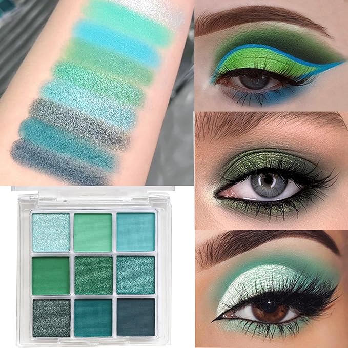 MEICOLY 9 Colors Glitter Green Eyeshadow Palette,Green Eye Shadow for Halloween Wicked Witch Elphaba Makeup,Long Lasting Shimmer Matte Eye Makeup Palette Eyelid Color,Christmas Stocking Stuffers
