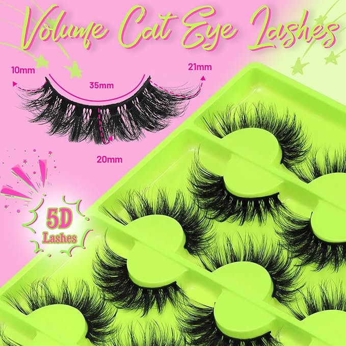 Veleasha Lashes False Eyelashes Fluffy D Curl Lashes 12 Pairs Cat Eye 5D Luxurious Volume Fake Eyelashes (Dopamine Green)