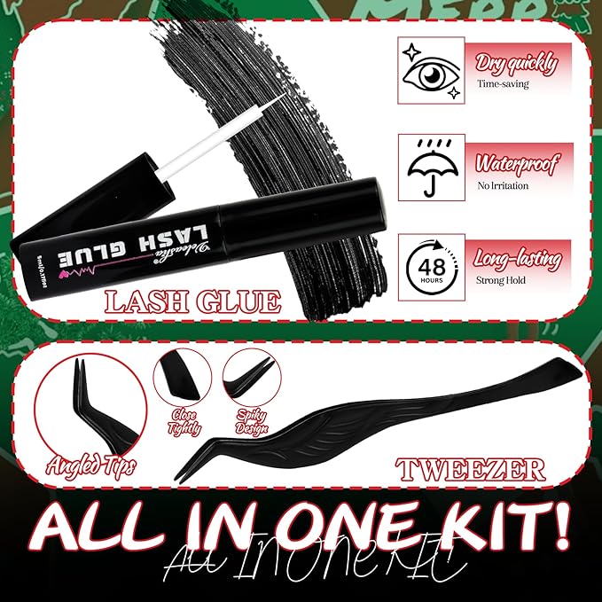 Veleasha Lashes Kit Christmas Eyelashes Green Fluffy Volume False Eyelashes for New Year With Waterproof Black Lash Glue and Tweezers 100% Handmade Santa Lashes (Jingle Bells)