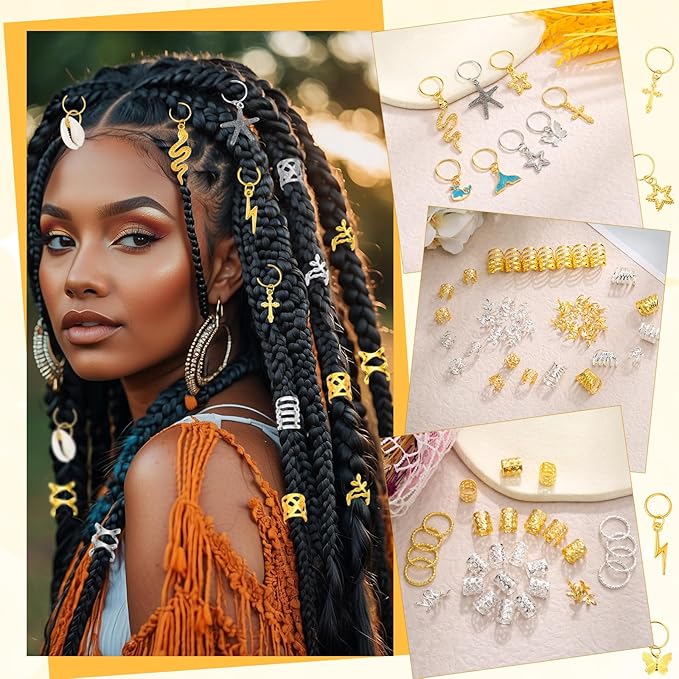 305PCS Gold Silver Hair Jewelry for Braids, Loc Jewelry for Hair Dreadlocks Braid for Women Men, Hair Cuffs Rings Charms Pendants Clips Dreadlock Decoration Accessories for Braided Hairstyles