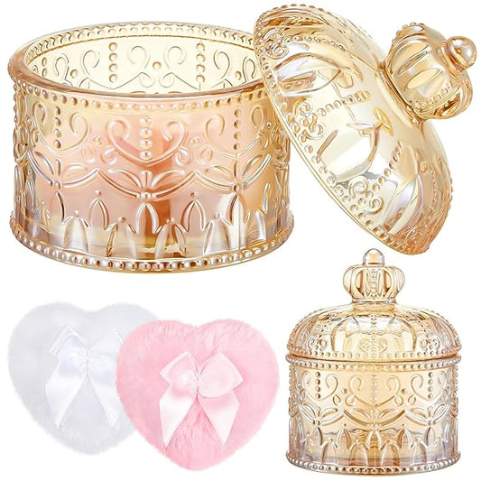 Tioncy 3 Pcs Large Body Powder Puff and Container Powder Container with Puff Crystal Case Soft Washable Reusable Velour Face Body Glitter Wet Dry Makeup(Crown,Amber)