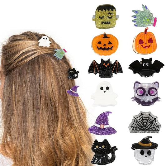 12 Pcs Halloween Hair Claw Clips,Cute Pumpkin、Ghost、Bat、Spiderweb and Hat Designs Halloween Hair Claws Strong Hold Jaw Clip Mini Hair Clips for Women Girls Hair Accessories