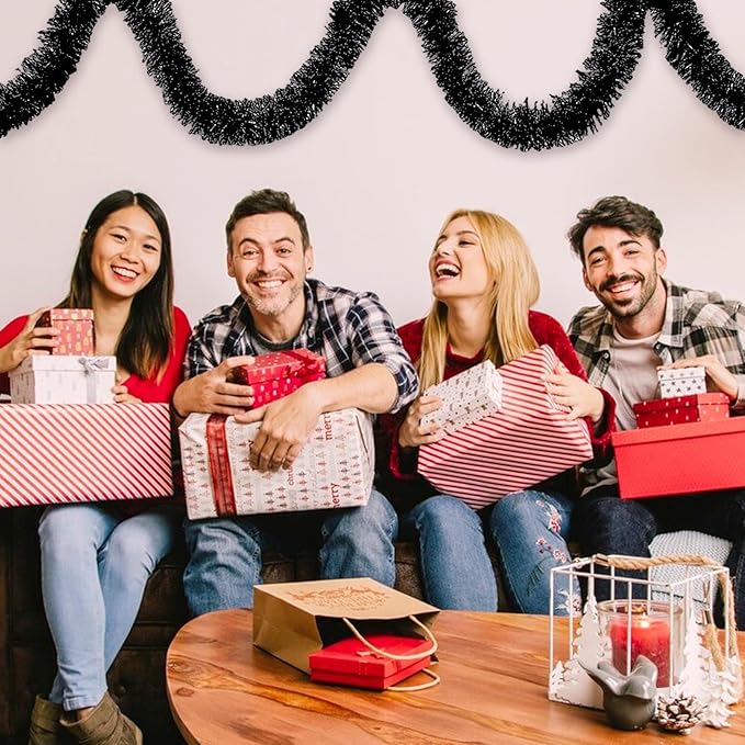 25 Feet Christmas Foil Fringe Banner Metallic Tassle Garland Metallic Backdrop Parade Floats Shiny Hanging Ceiling, Valentine's, Wedding, New Year Party Decorations(4" x 25', Black)