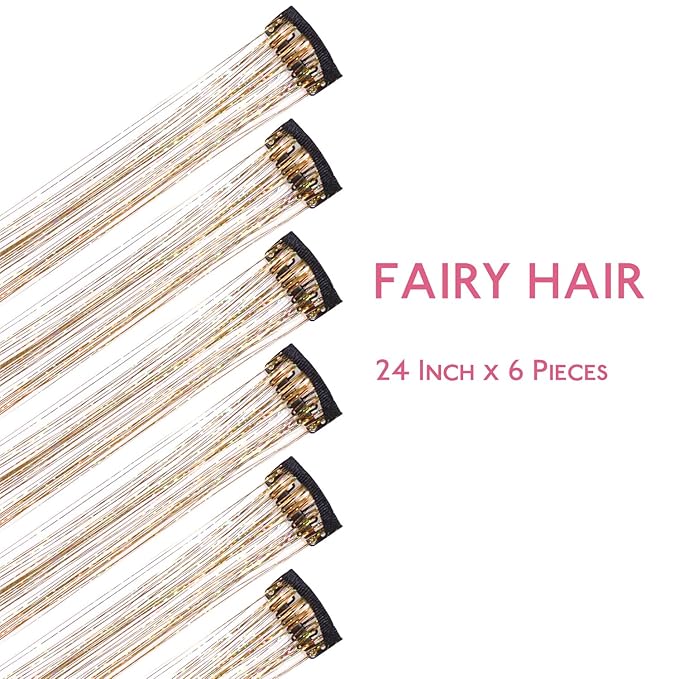 WENNALIFE Hair Tinsel Clip In for Girls Gold, 6pcs 24 inch Clips Tinsel Hair Extensions Clip in Colorful Glitter Clips Sparkle Fairy for Kids