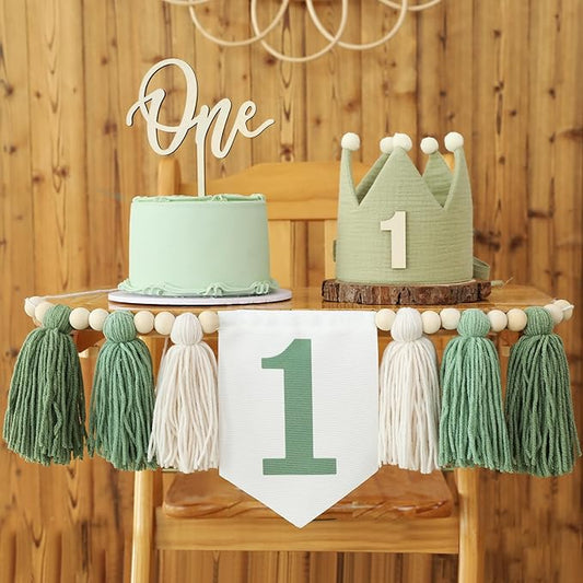 Wild One High Chair Banner For 1st Birthday Party Decorations With Green Wood Bead Tassel Garland Crown Hat Wooden Cake Topper