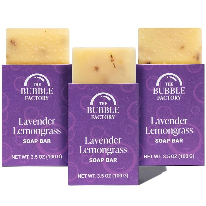 The Bubble Factory Handmade Natural Bath & Body Soap Bar, Vegan, All-Natural, Palm Oil Free, Made in USA with Shea Butter + Essential Oils, Lavender Lemongrass, 3 Bars