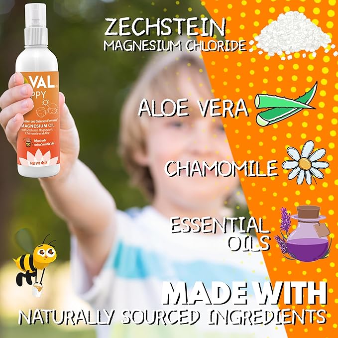 VAL Kids Magnesium Oil Spray – Natural Bedtime Calm & Mood Support | Zechstein Magnesium, Chamomile & Aloe | No Itch | Fast-Absorbing | Made in USA | 4oz