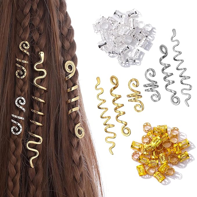 106 Pcs Gold Silver Hair Braids Dreadlock Beads Non-Piercing Ear Clip Jewelry Accessories for Women Men Styling Tools US204