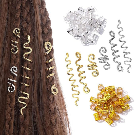 106 Pcs Gold Silver Hair Braids Dreadlock Beads Non-Piercing Ear Clip Jewelry Accessories for Women Men Styling Tools US204