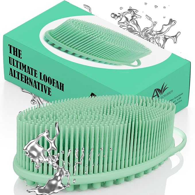 Avilana Silicone Body Scrubber - Food Grade & Lab Tested, Gentle Exfoliating Shower Brush for All Skin Types, Hygienic Quick-Dry Loofah Alternative (Green, Massage-Silver)