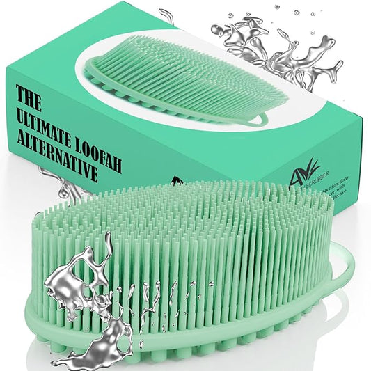 Avilana Silicone Body Scrubber - Food Grade & Lab Tested, Gentle Exfoliating Shower Brush for All Skin Types, Hygienic Quick-Dry Loofah Alternative (Green, Massage-Silver)