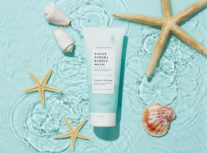 VOESH Sugar Scrub + Bubble Wash, Exfoliating Body Scrub & Body Wash, Clean Ocean, Scalp Care, Shower Vegan Body Care