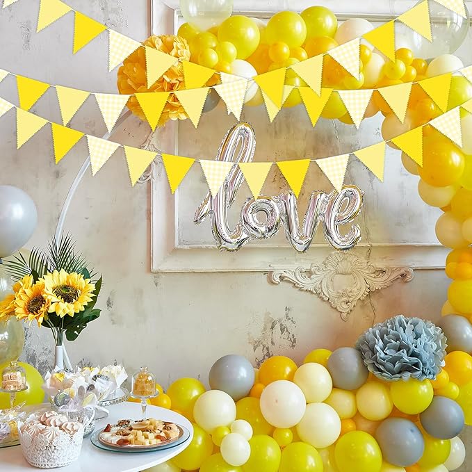 33 Ft Hanging Banner Decoration Triangle Flag Yellow Pennant Plaid Fabric Bunting Garland for Birthday Baby Shower Party Supplies