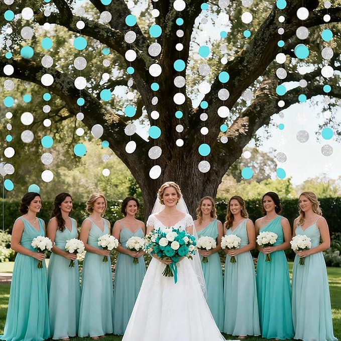 Teal Blue Silver White Party Polka Dot Garland Banner Aqua Turquoise Glitter Silver White Hanging Paper Circle Dots Streamer for Birthday Baby Shower Wedding Bridal Shower Party Decorations Supplies