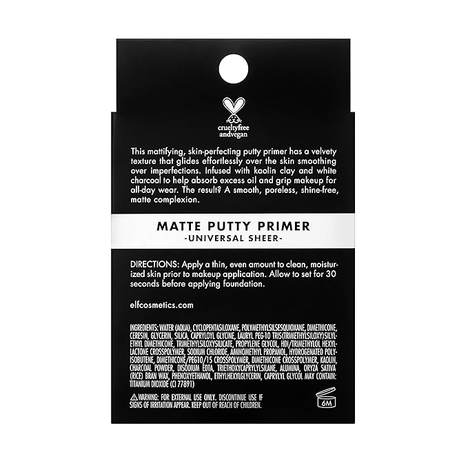 e.l.f. Matte Putty Primer, Skin Perfecting, Lightweight, Oil-free formula, Mattifies, Absorbs Excess Oil, Fills in Pores and Fine Lines, Soft, Matte Finish, All-Day Wear, 0.74 Oz