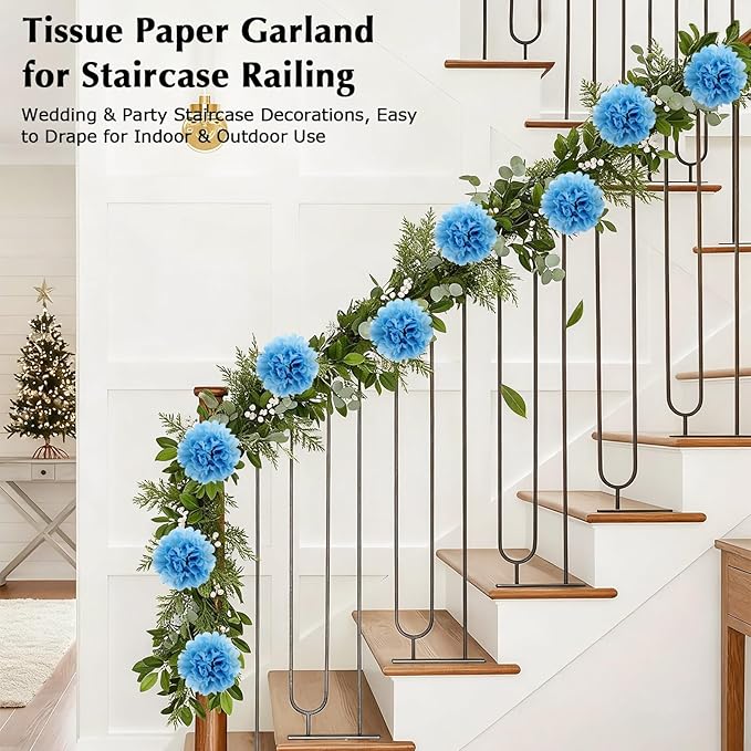 Tissue Paper Pom Pom Garland Hanging Paper Flower Decorations for Wedding Baby Shower Engagement Garden Tea Party Bridal Shower Spring Summer Wall Decor Nursery Arch Backdrop