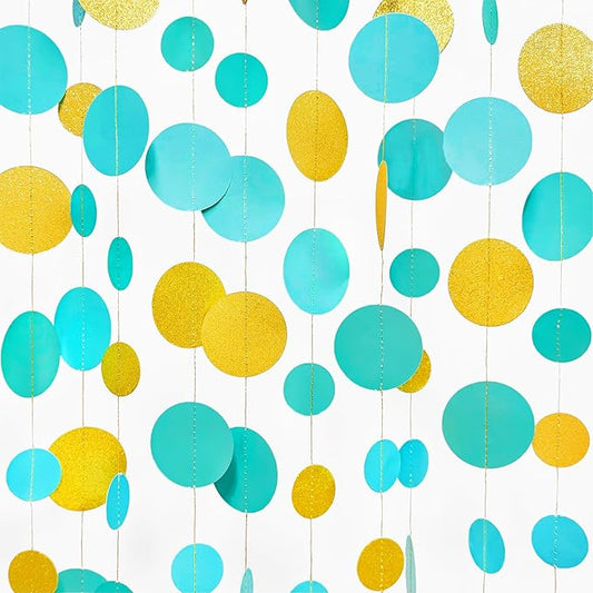 Teal Gold Party Polka Dot Garland Banner Aqua Turquoise Glitter Gold Hanging Paper Circle Dots Streamer for Birthday Baby Shower Wedding Engagement Bridal Shower Retirement Party Decorations Supplies