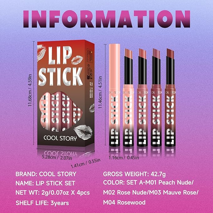 COOL STORY Matte Lipstick Lightweight Blurring Formula with High Impact Pigment, Long-lasting, 0.07 oz (4 color SET-A)
