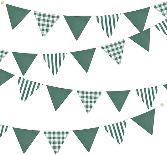 2 Sets Green Pennant Banner Flags 24Pcs Green Buffalo Plaid Striped Nursery Garland Linen Fabric Gingham Triangle for Baby Playroom Decor Kids Checkered Birthday Golf Baby Shower Party Decorations