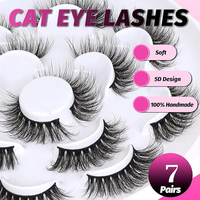 Veleasha Lashes 5D Faux Mink Lashes False Eyelashes Handmade Cat Eye Lashes Wispy Fluffy Fake Lashes Lightweight Eyelashes Luxurious Volume Fake Eyelashes 7 Pairs Pack (804)