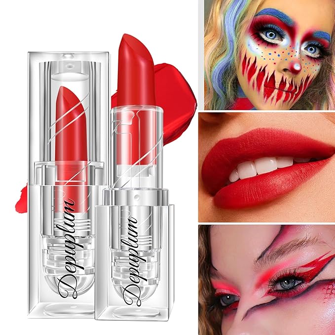 Halloween Red Lipstick Matte Body Painting Stick for Women Waterproof Long Lasting Lip Stick Gothic Zombie Vampire Cosplay Cruelty Free Lipstick, DU-Red