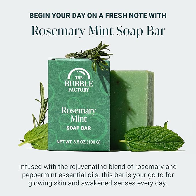 The Bubble Factory Handmade Soap, All Natural Soap for Women & Men, Hand, Bath & Body Natural Bar Soap, Vegan, Palm Oil Free, Made in USA with Shea Butter + Essential Oils, Rosemary Mint, Single