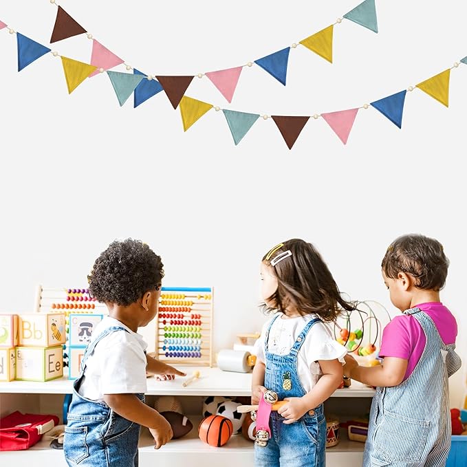 2 Sets of Wood Beads Boho Pennant Banner 20pcs Retro Colored Nursery Garland Fabric Linen Triangle Streamers Flags for Kids Birthday Baby Shower Classroom Baby Room Decor Boho Party Decorations