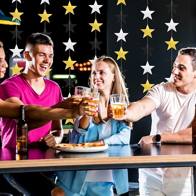 Patelai Glitter Star Garland Banner New Years Decor 130 Feet Star Hanging Banner Twinkle Backdrop for Birthday Classroom Wedding Halloween Christmas Party Supplies(Silver Gold Black)