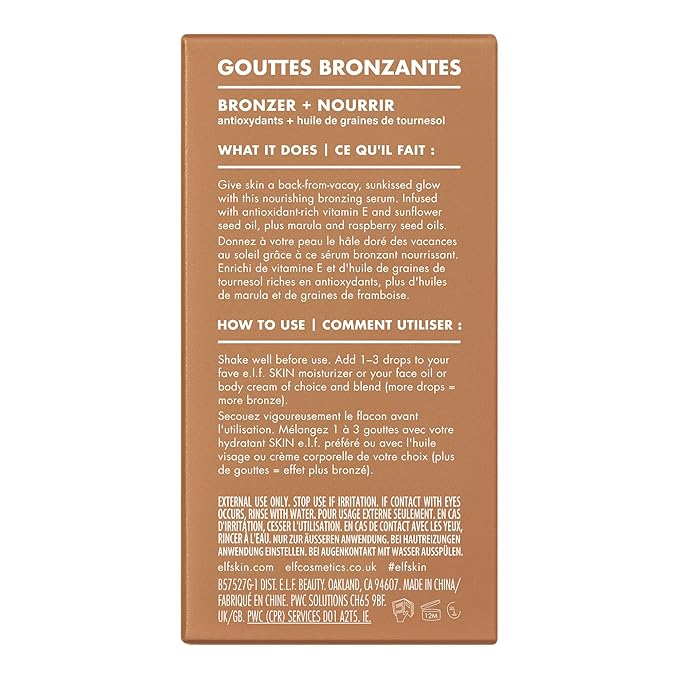 e.l.f. SKIN Bronzing Drops, Liquid Bronzer For Face & Skin, Creates A Sun-Kissed Glow, Infused With Vitamin E, Vegan & Cruelty-Free, Fair Gold