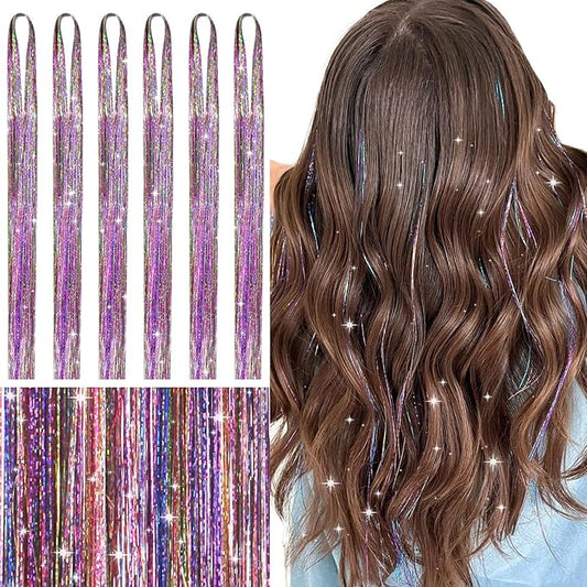 WENNALIFE Hair Tinsel for Girls, Rainbow Fairy Kit 1200 Strands 6PCS 48 Inch Heat Resistant Glitter Tinsel Hair Extensions Kit Christmas Feathers Sparkle Strands