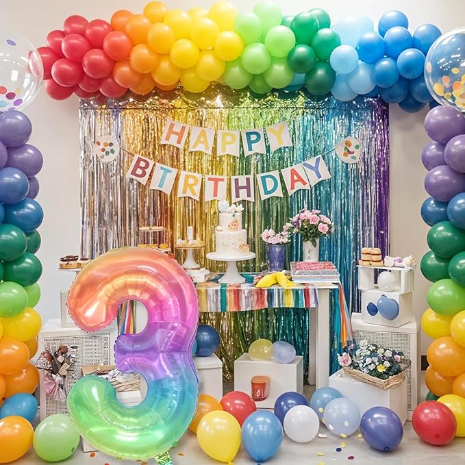 3rd Birthday Balloons for Boys, 40 Inch Foil Self Inflating Rainbow Number 3 Balloon, Large Mylar Colorful Multicolor 3 Balloon Number for Kids 3 Yeal Old Birthday Party Decor Anniversary Decorations