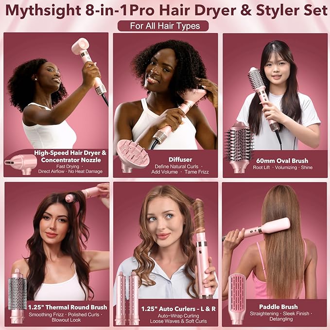 StyleVibe 8-in-1 Multi-Styler, Blow Dryer Brush & Thermal Brush with Auto Wrap Curl L/R, Fast Drying, Smooth Blowouts, Root-Lift Volume, No Heat Damage Frizz-Free Air Styler with Travel Bag