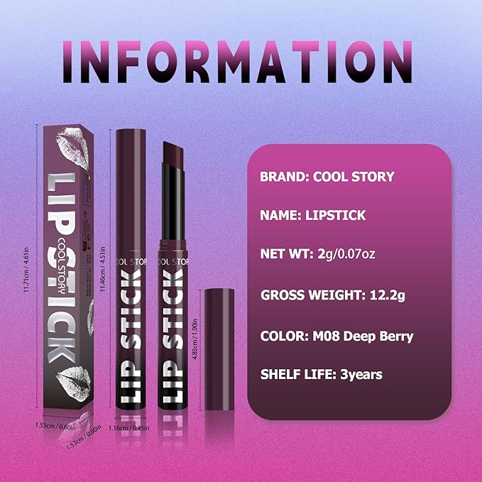 COOL STORY Matte Lipstick Lightweight Blurring Formula with High Impact Pigment, Long-lasting, 0.07 oz (Deep Berry)