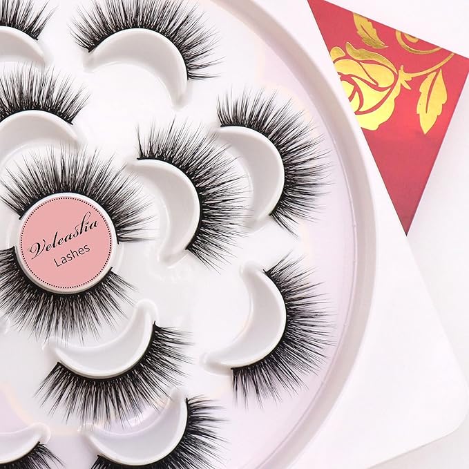 Veleasha Lashes 5D Faux Mink Lashes False Eyelashes Handmade Eye Lashes Wispy Fluffy Fake Lashes Eyelashes Natural Look 7 Pairs Luxurious Volume Fake Eyelashes Pack (5D32)