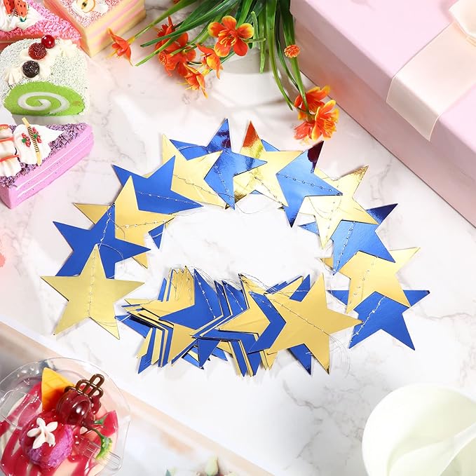 Patelai Glitter Star Garland Banner New Years Decor 130 Feet Star Hanging Banner Twinkle Backdrop for Birthday Classroom Wedding Halloween Christmas Party Supplies(Blue, Gold)